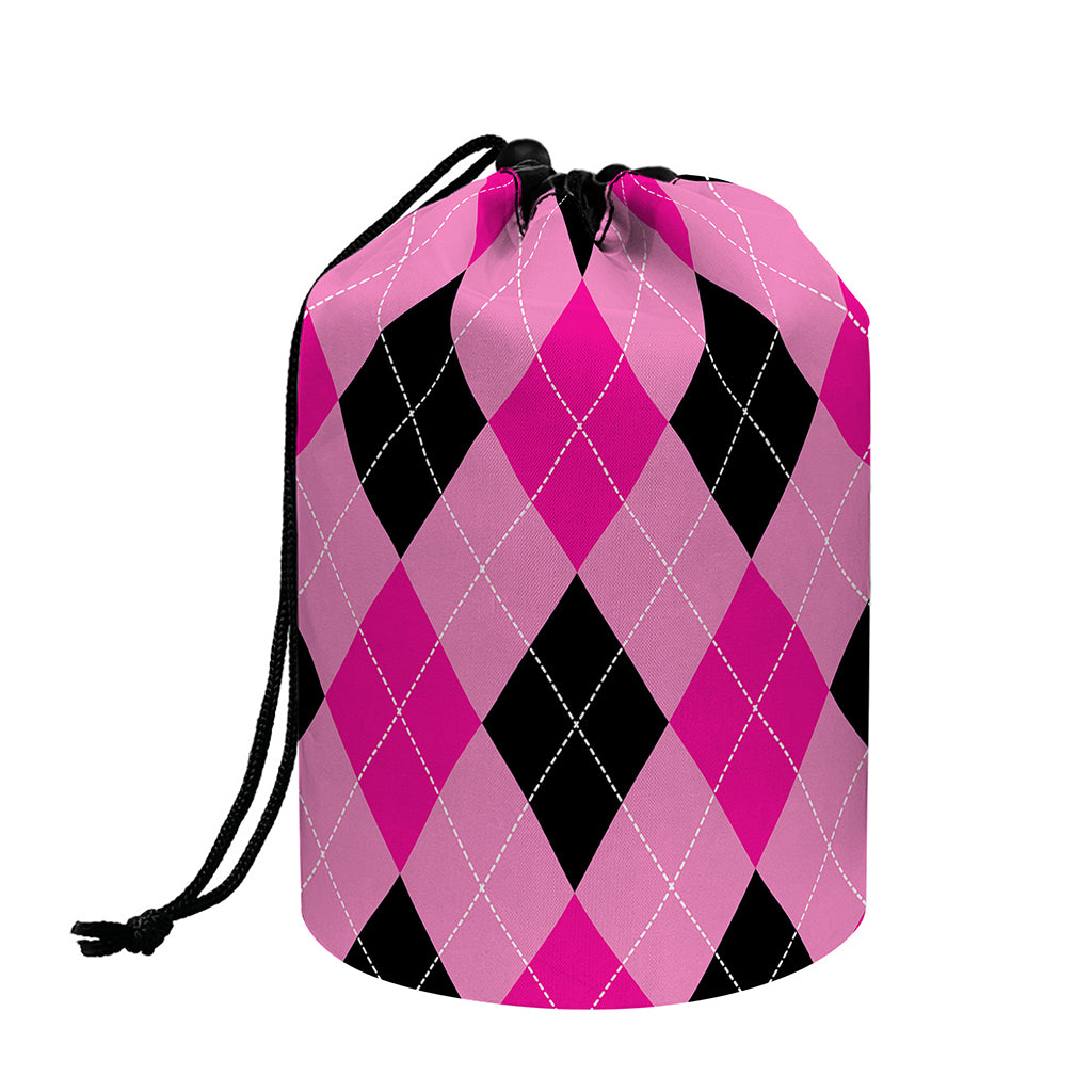 Pink And Black Argyle Pattern Print Drawstring Makeup Bag
