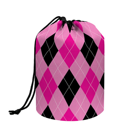 Pink And Black Argyle Pattern Print Drawstring Makeup Bag