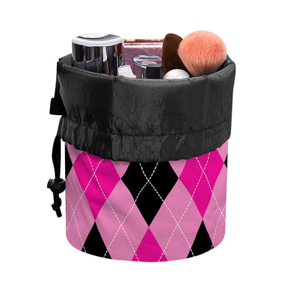 Pink And Black Argyle Pattern Print Drawstring Makeup Bag