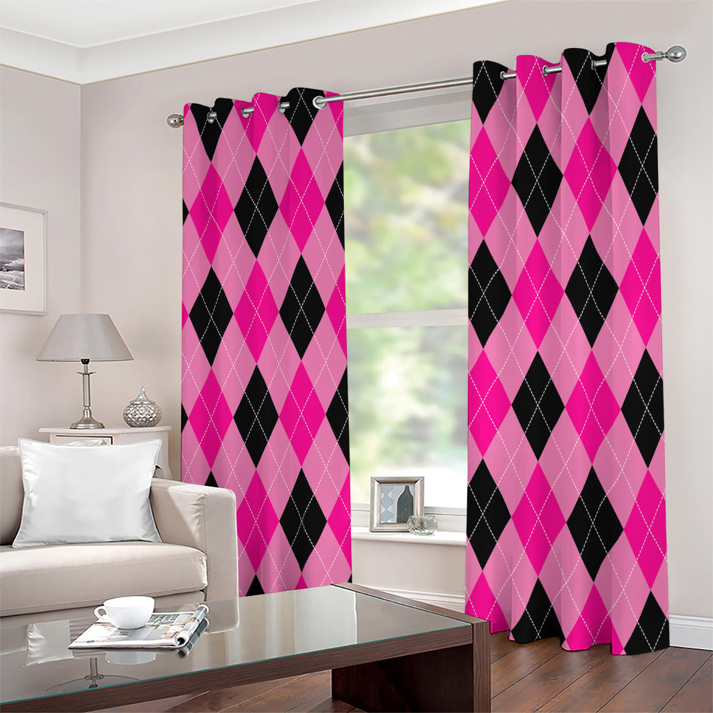 Pink And Black Argyle Pattern Print Extra Wide Grommet Curtains