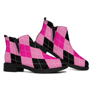 Pink And Black Argyle Pattern Print Flat Ankle Boots