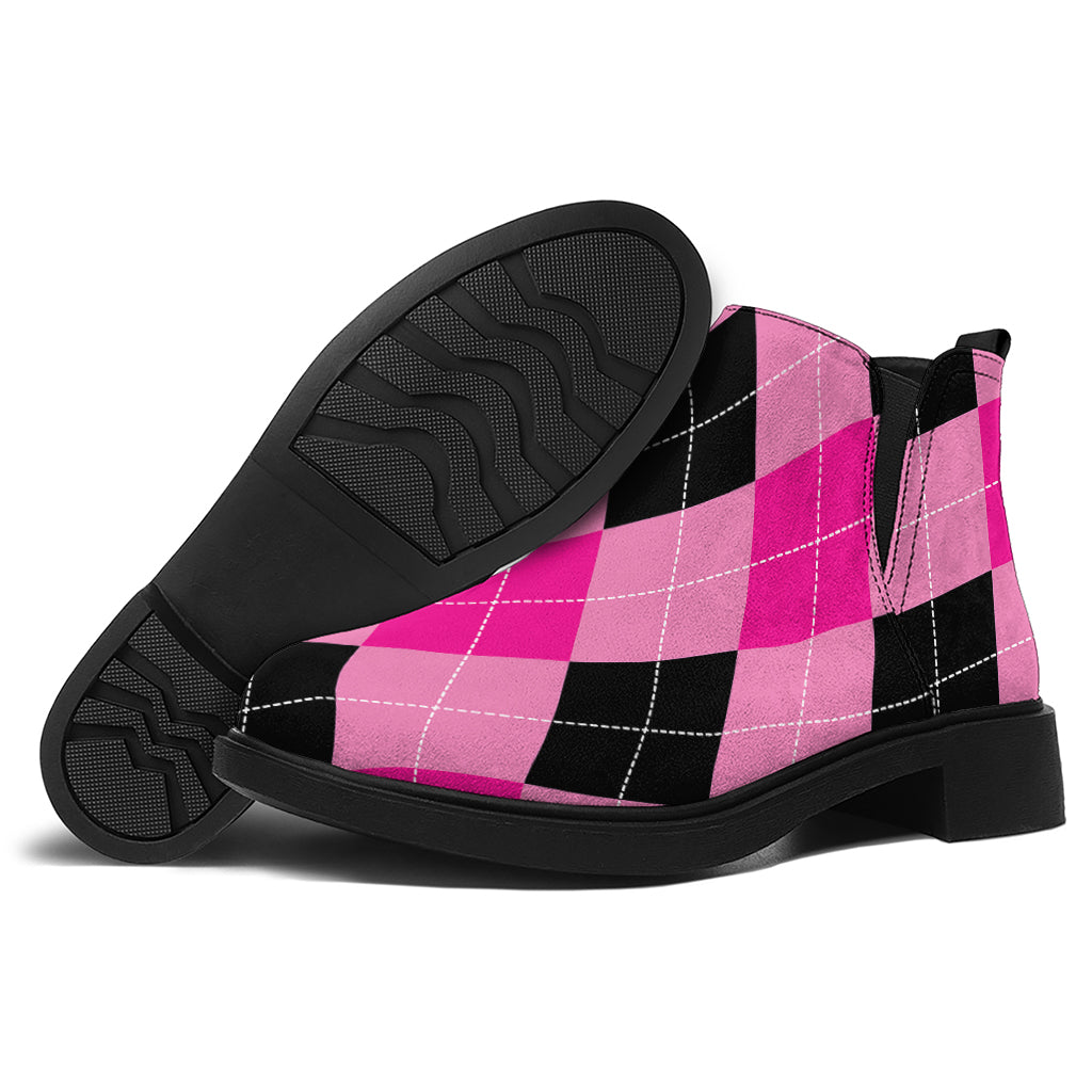 Pink And Black Argyle Pattern Print Flat Ankle Boots