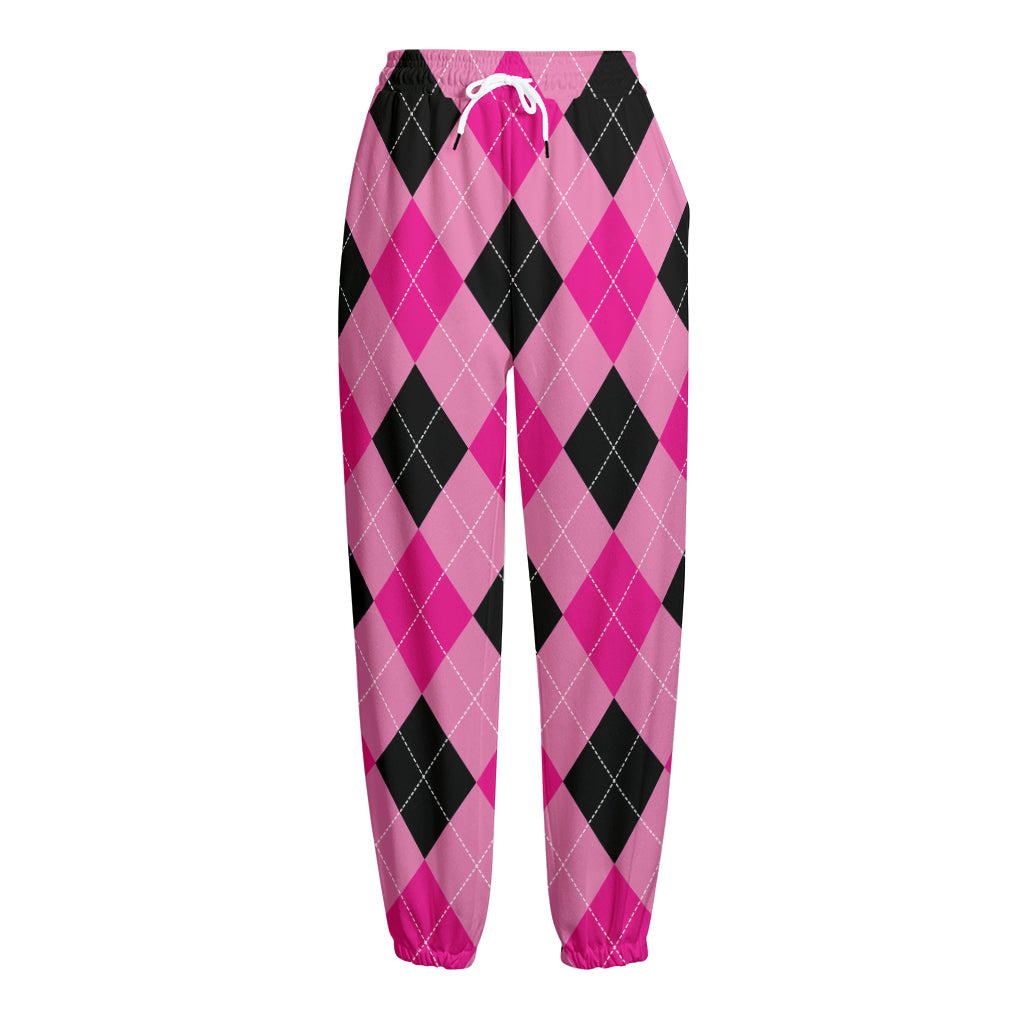 Pink And Black Argyle Pattern Print Fleece Lined Knit Pants