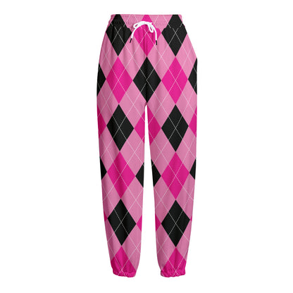 Pink And Black Argyle Pattern Print Fleece Lined Knit Pants