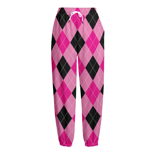 Pink And Black Argyle Pattern Print Fleece Lined Knit Pants