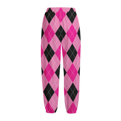 Pink And Black Argyle Pattern Print Fleece Lined Knit Pants