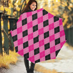 Pink And Black Argyle Pattern Print Foldable Umbrella