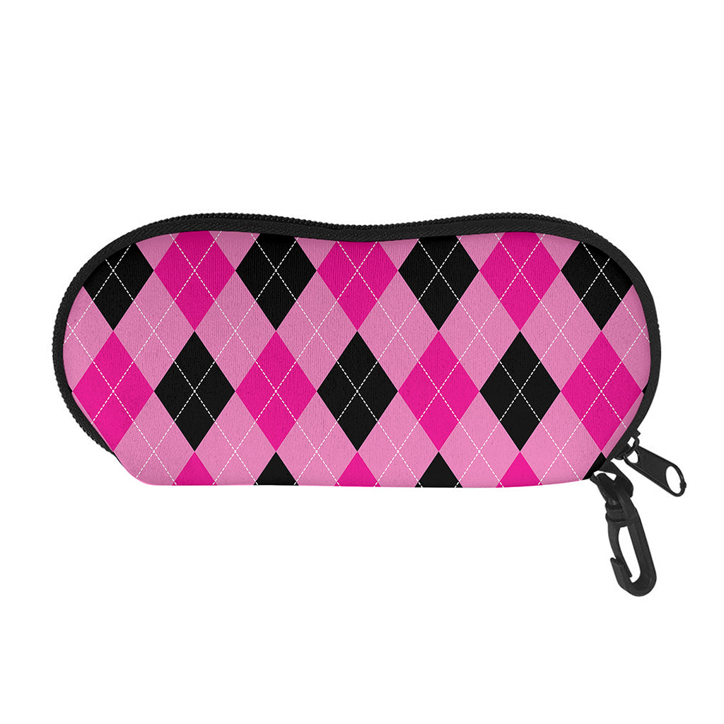 Pink And Black Argyle Pattern Print Glasses Case