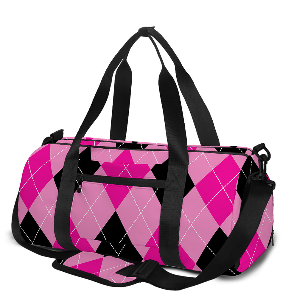 Pink And Black Argyle Pattern Print Gym Bag