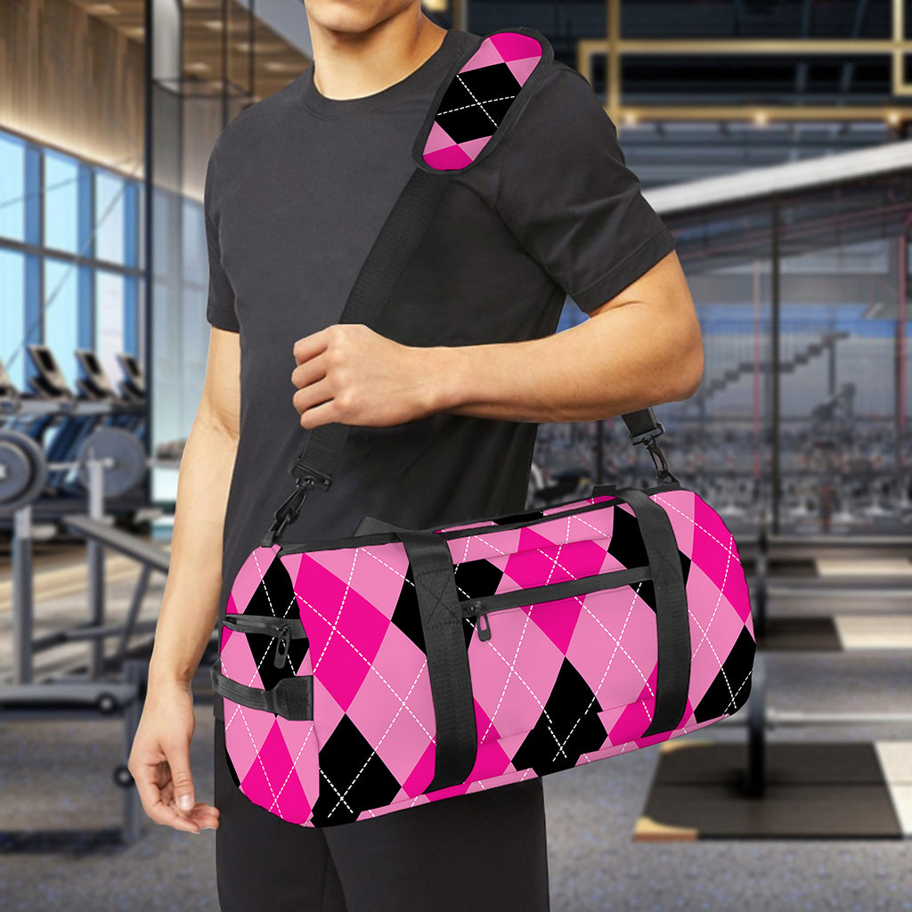Pink And Black Argyle Pattern Print Gym Bag