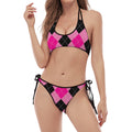 Pink And Black Argyle Pattern Print Halter Scoop Tie Side Bikini