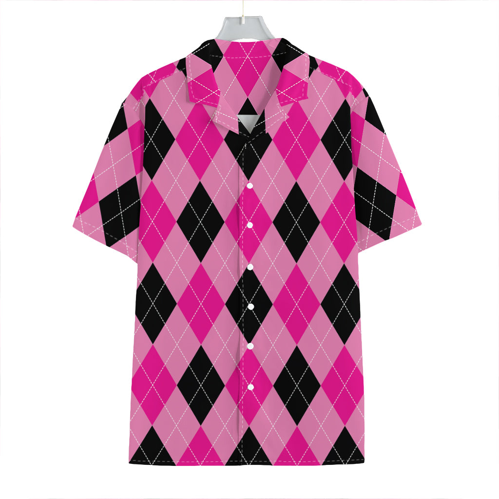 Pink And Black Argyle Pattern Print Hawaiian Shirt