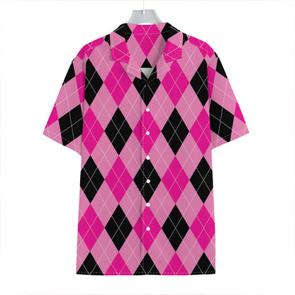 Pink And Black Argyle Pattern Print Hawaiian Shirt