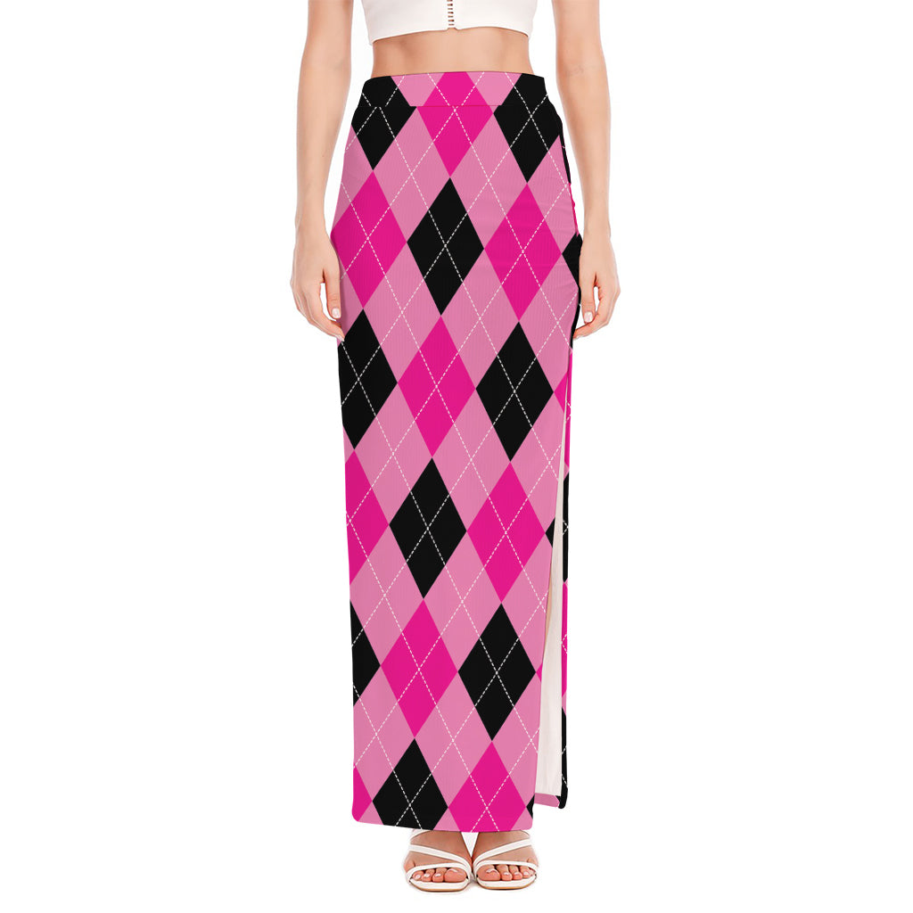 Pink And Black Argyle Pattern Print High Slit Maxi Skirt