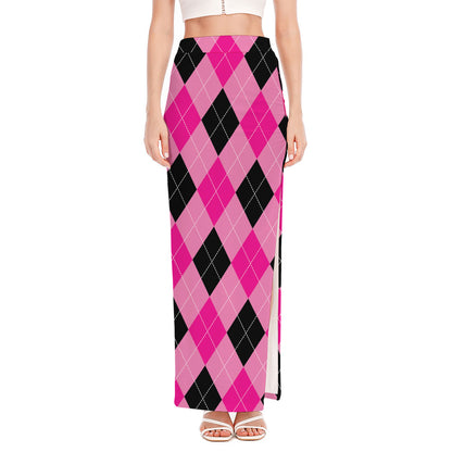 Pink And Black Argyle Pattern Print High Slit Maxi Skirt