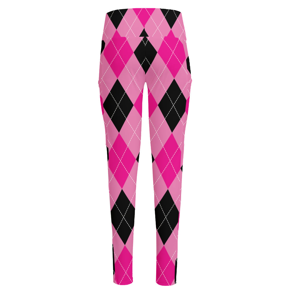 Pink And Black Argyle Pattern Print High-Waisted Pocket Leggings