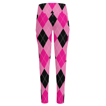 Pink And Black Argyle Pattern Print High-Waisted Pocket Leggings