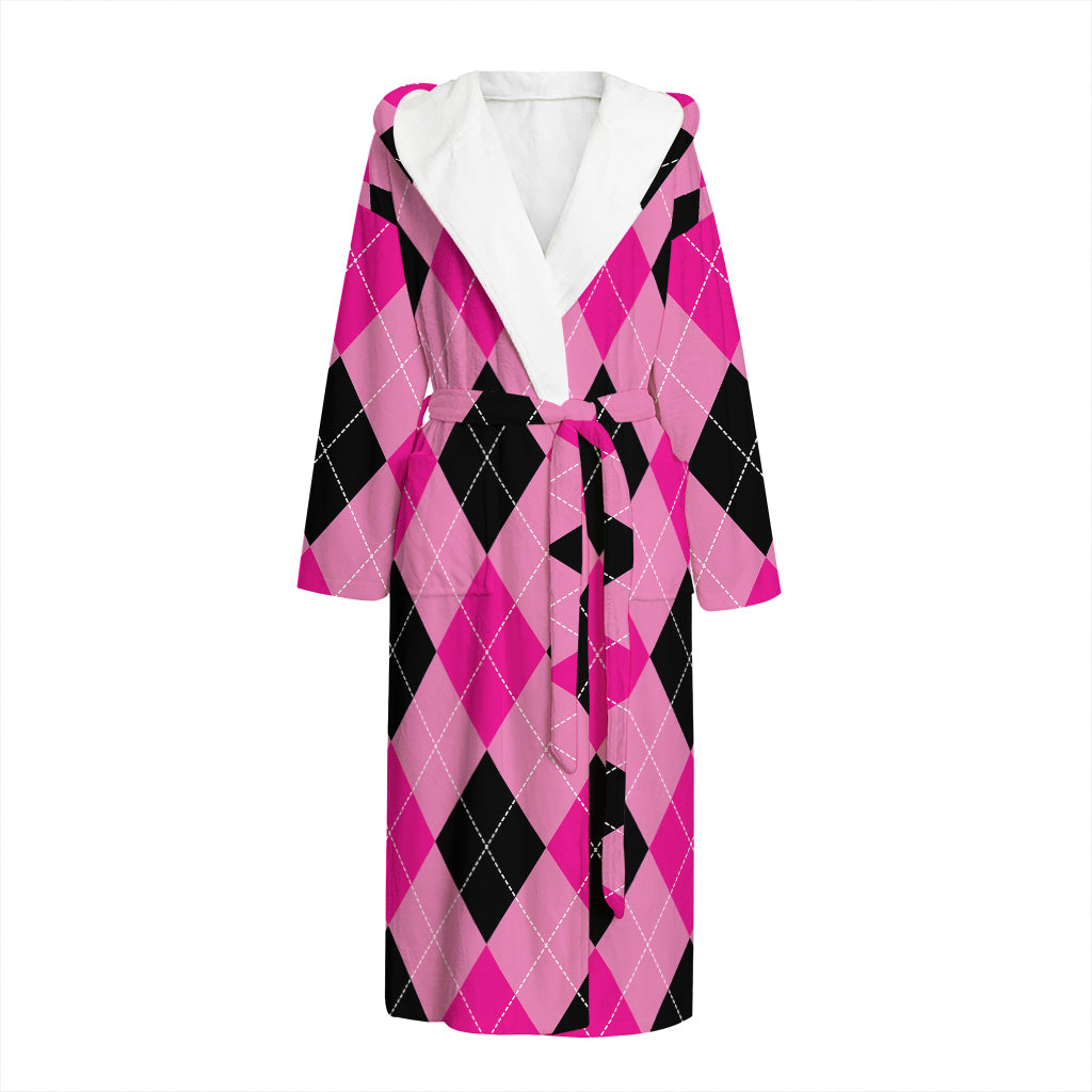 Pink And Black Argyle Pattern Print Hooded Bathrobe