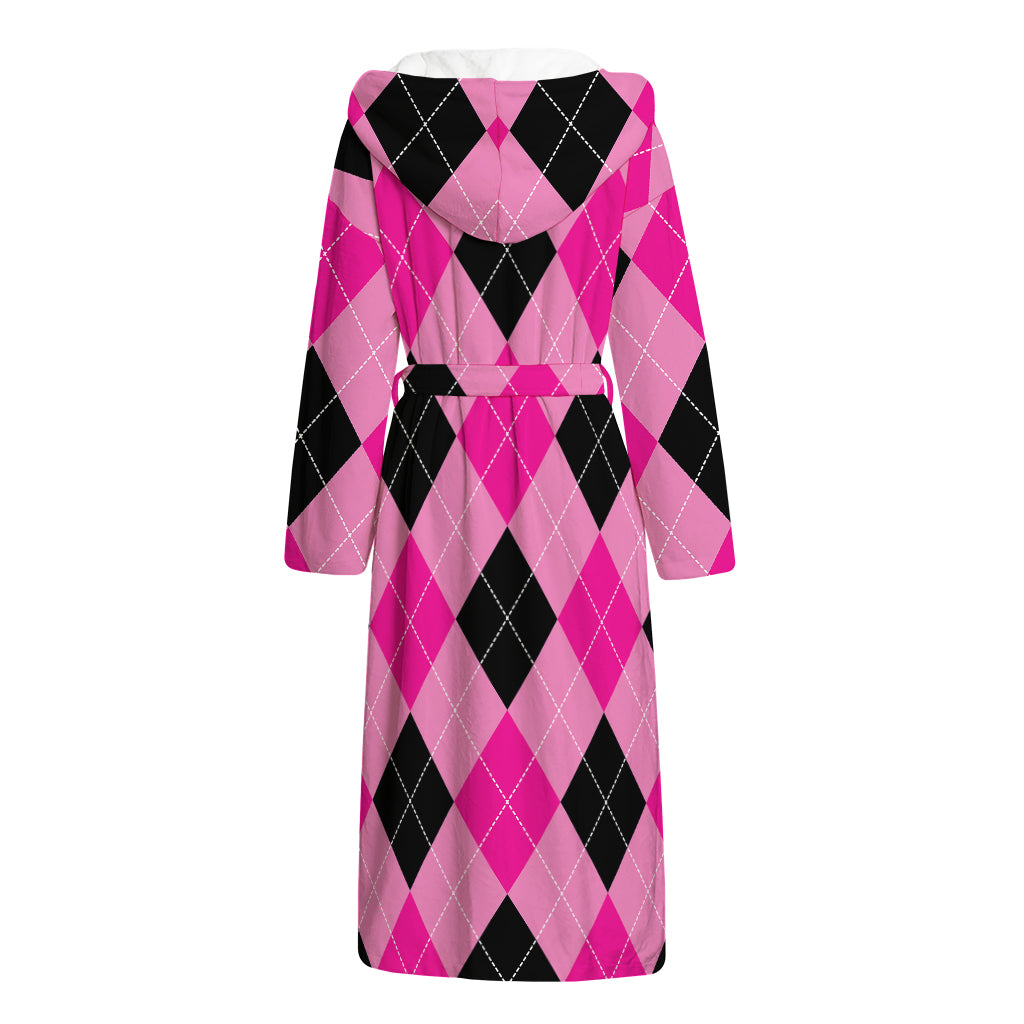 Pink And Black Argyle Pattern Print Hooded Bathrobe