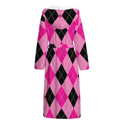 Pink And Black Argyle Pattern Print Hooded Bathrobe