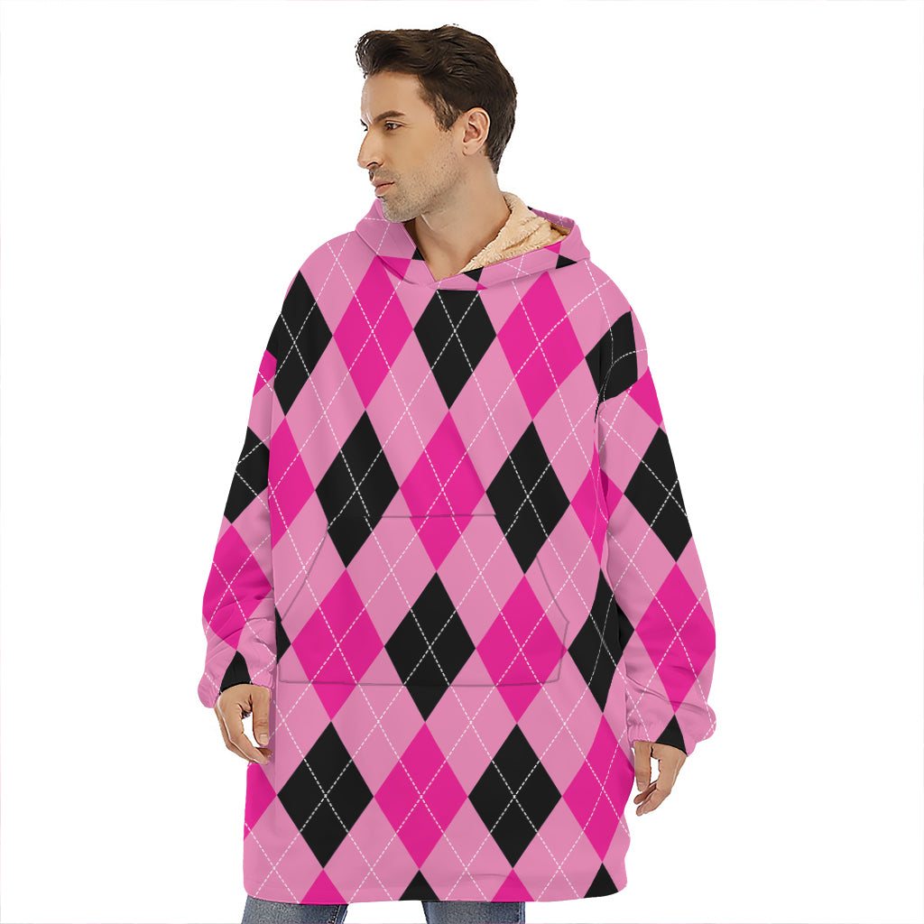 Pink And Black Argyle Pattern Print Hoodie Blanket