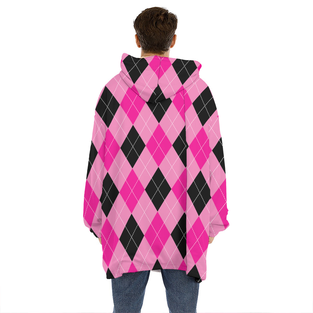 Pink And Black Argyle Pattern Print Hoodie Blanket