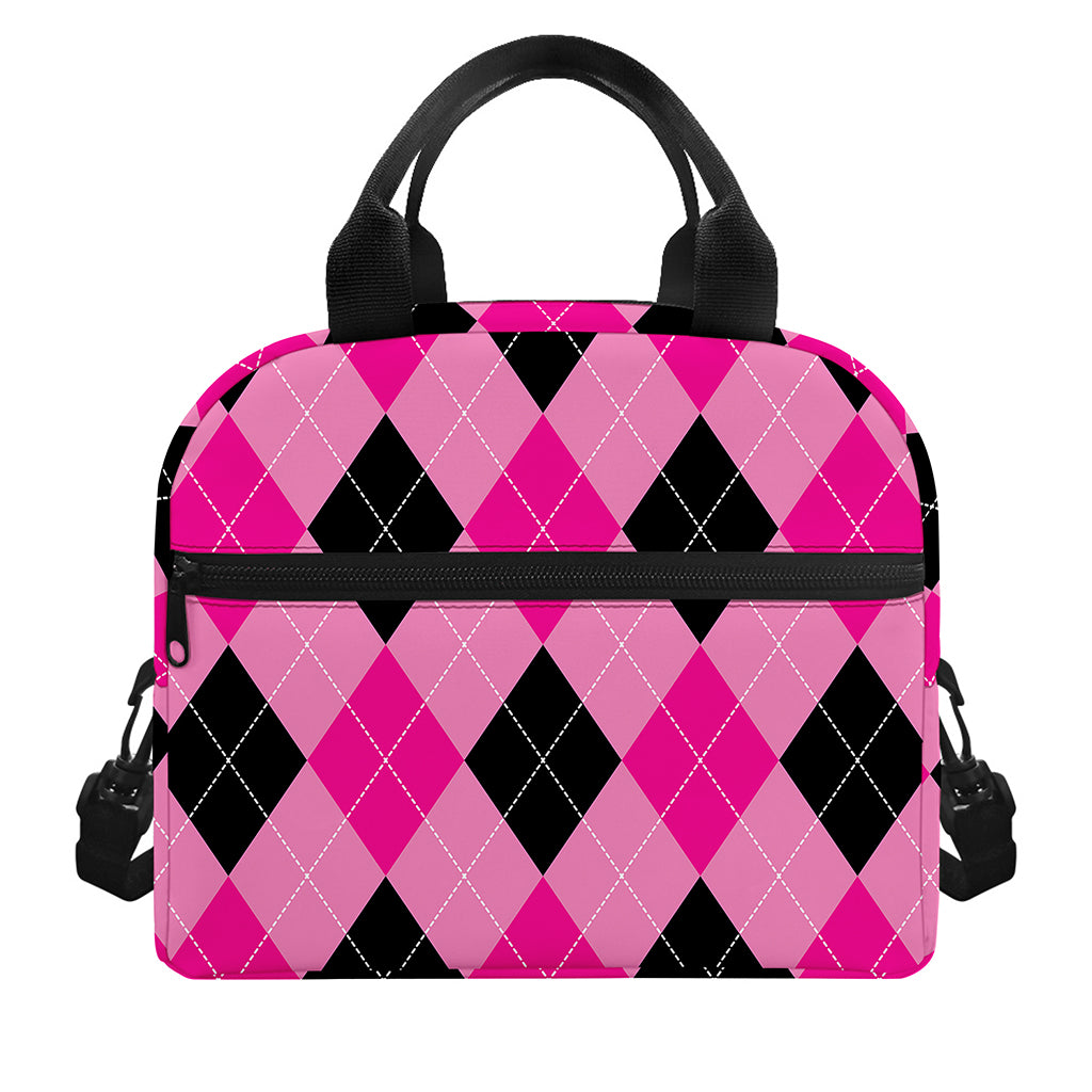 Pink And Black Argyle Pattern Print Insulated Lunch Bag