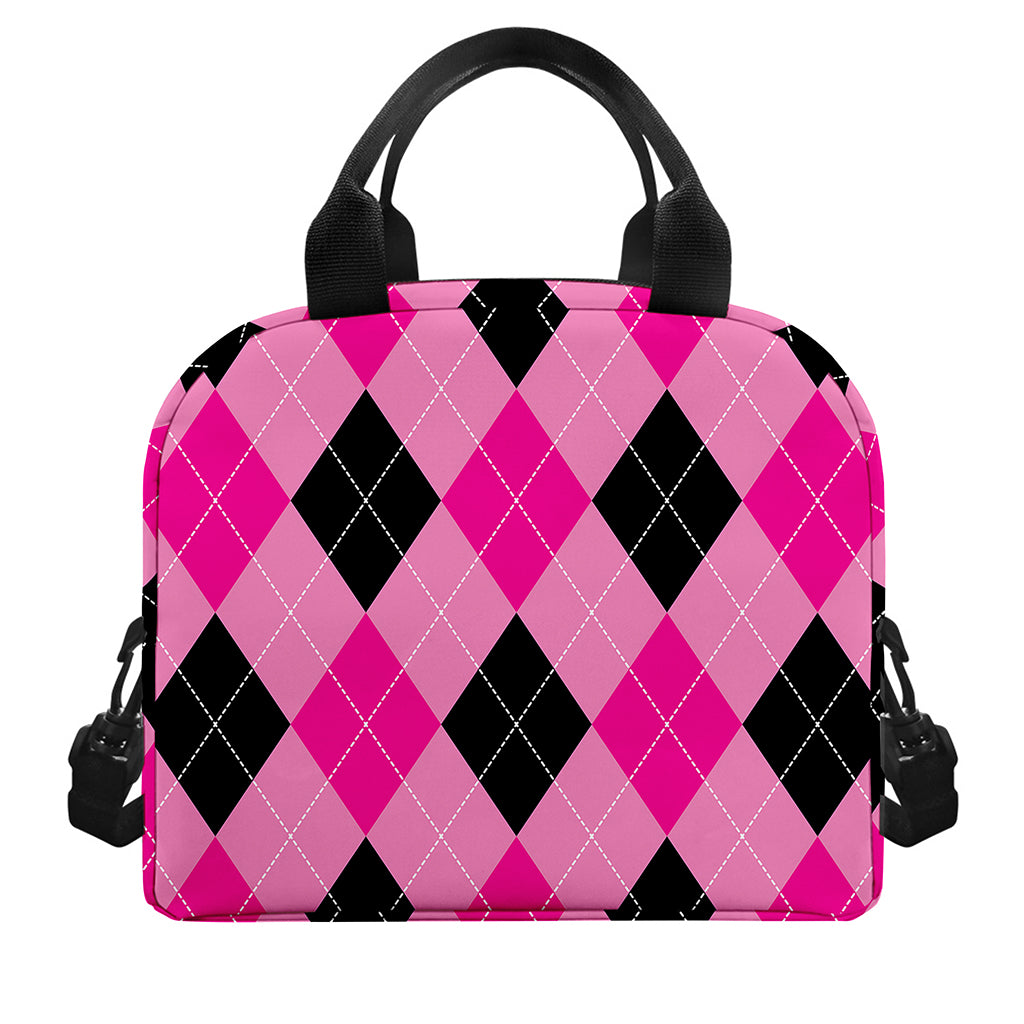 Pink And Black Argyle Pattern Print Insulated Lunch Bag