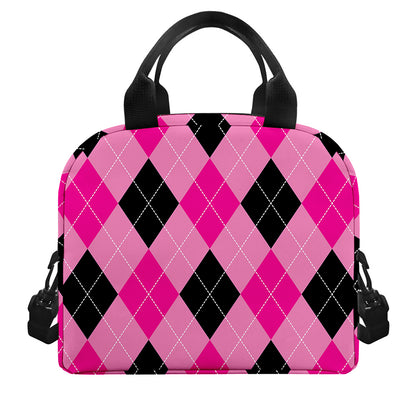 Pink And Black Argyle Pattern Print Insulated Lunch Bag