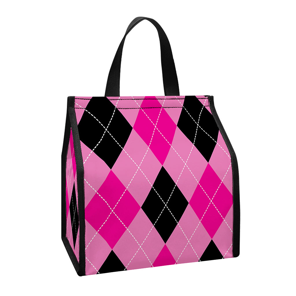 Pink And Black Argyle Pattern Print Insulated Lunch Tote