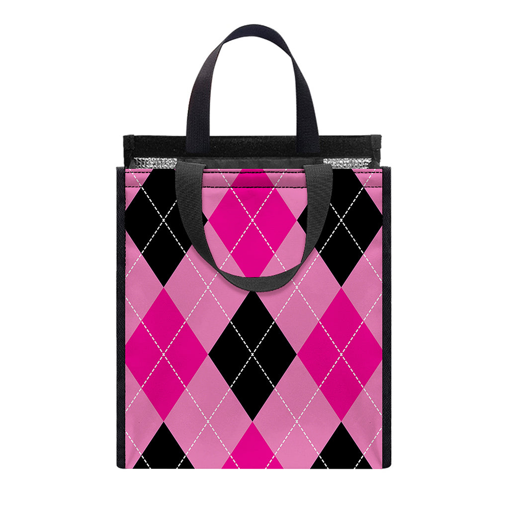 Pink And Black Argyle Pattern Print Insulated Lunch Tote