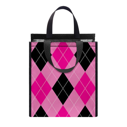 Pink And Black Argyle Pattern Print Insulated Lunch Tote