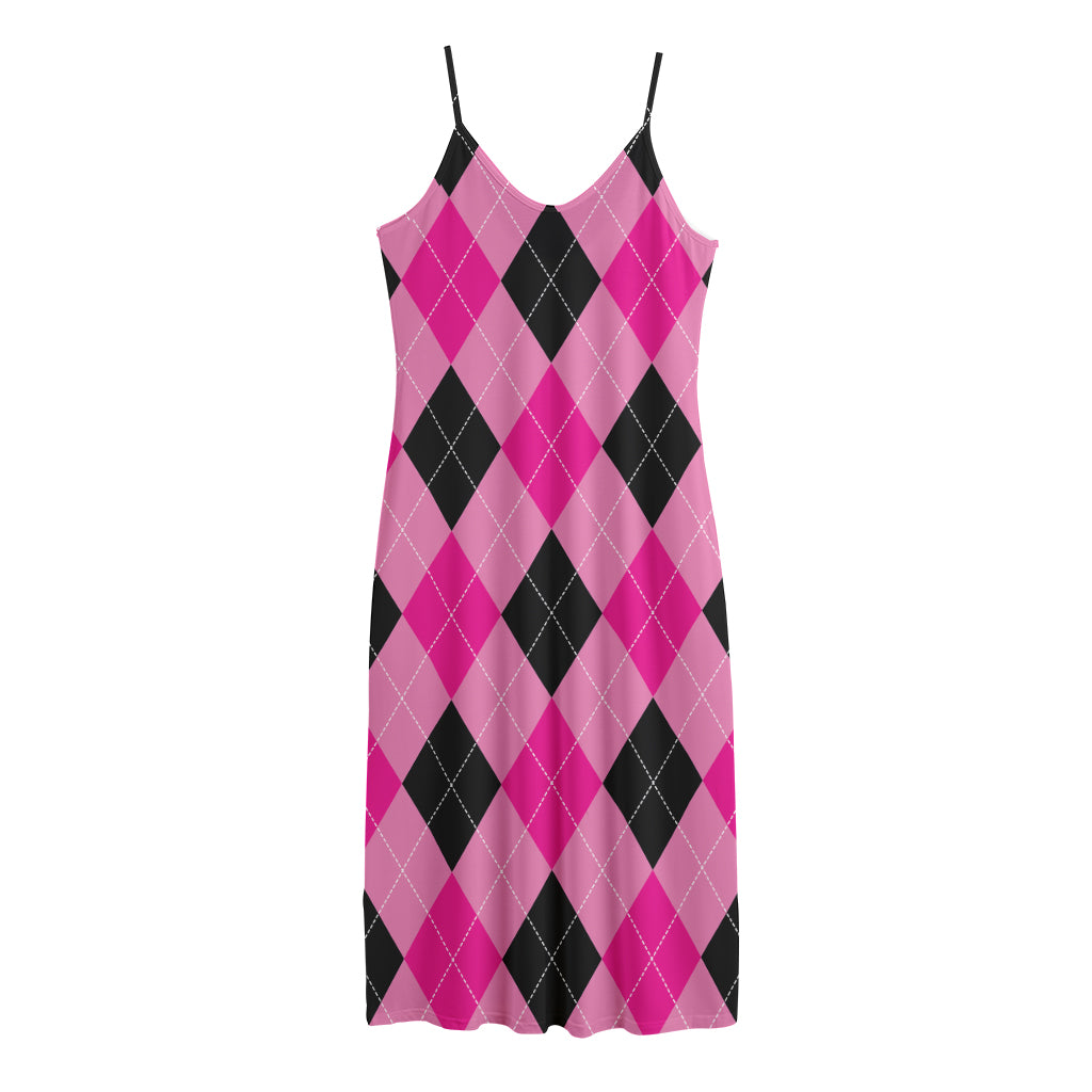 Pink And Black Argyle Pattern Print Jersey Midi Cami Dress