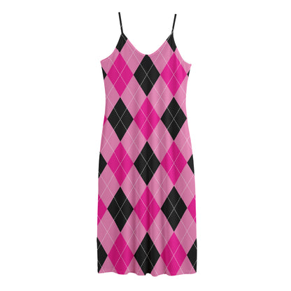 Pink And Black Argyle Pattern Print Jersey Midi Cami Dress