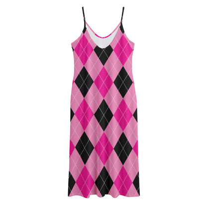 Pink And Black Argyle Pattern Print Jersey Midi Cami Dress