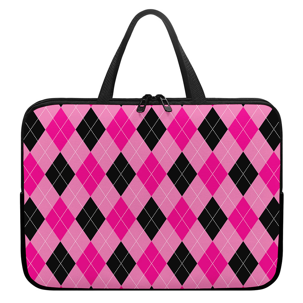 Pink And Black Argyle Pattern Print Laptop Sleeve With Handle