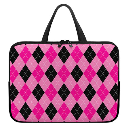 Pink And Black Argyle Pattern Print Laptop Sleeve With Handle