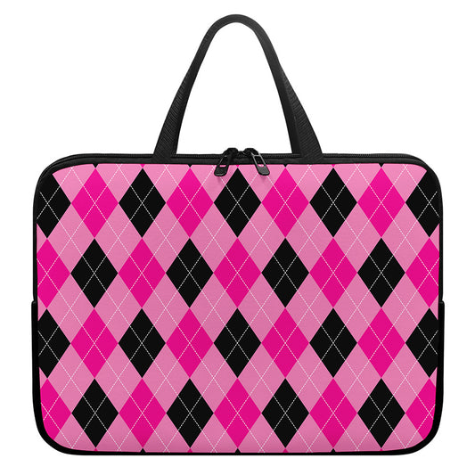 Pink And Black Argyle Pattern Print Laptop Sleeve With Handle
