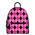 Pink And Black Argyle Pattern Print Leather Backpack