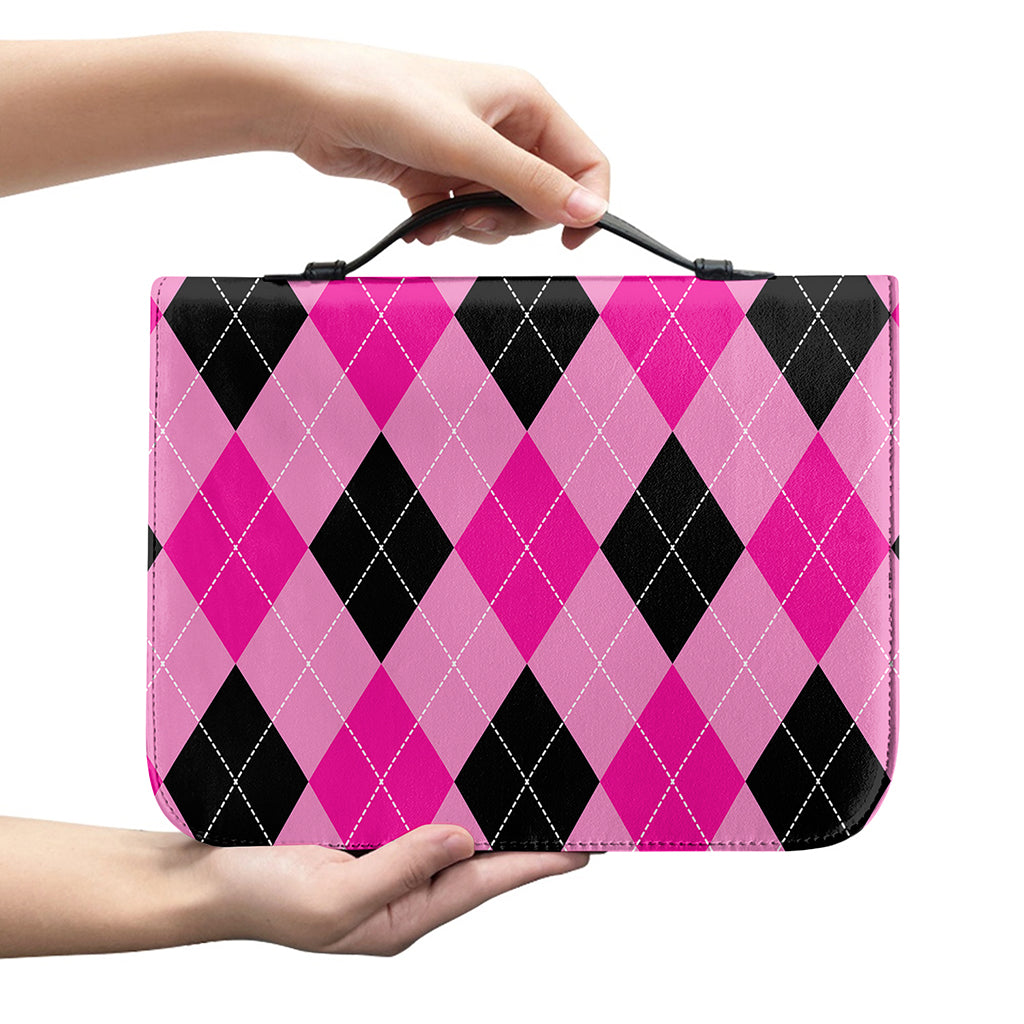 Pink And Black Argyle Pattern Print Leather Bible Cover
