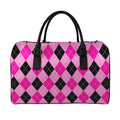 Pink And Black Argyle Pattern Print Leather Duffel Bag