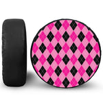 Pink And Black Argyle Pattern Print Leather Spare Tire Cover
