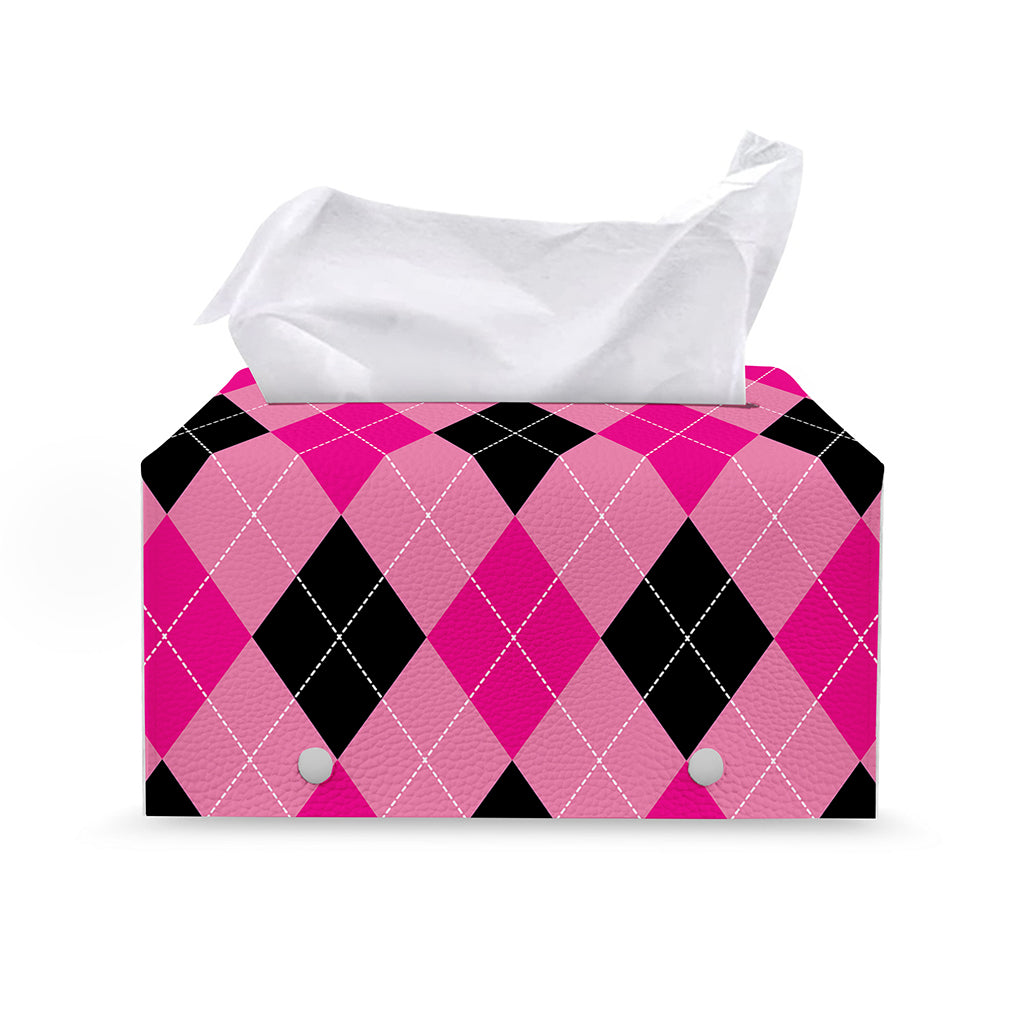 Pink And Black Argyle Pattern Print Leather Tissue Box Cover