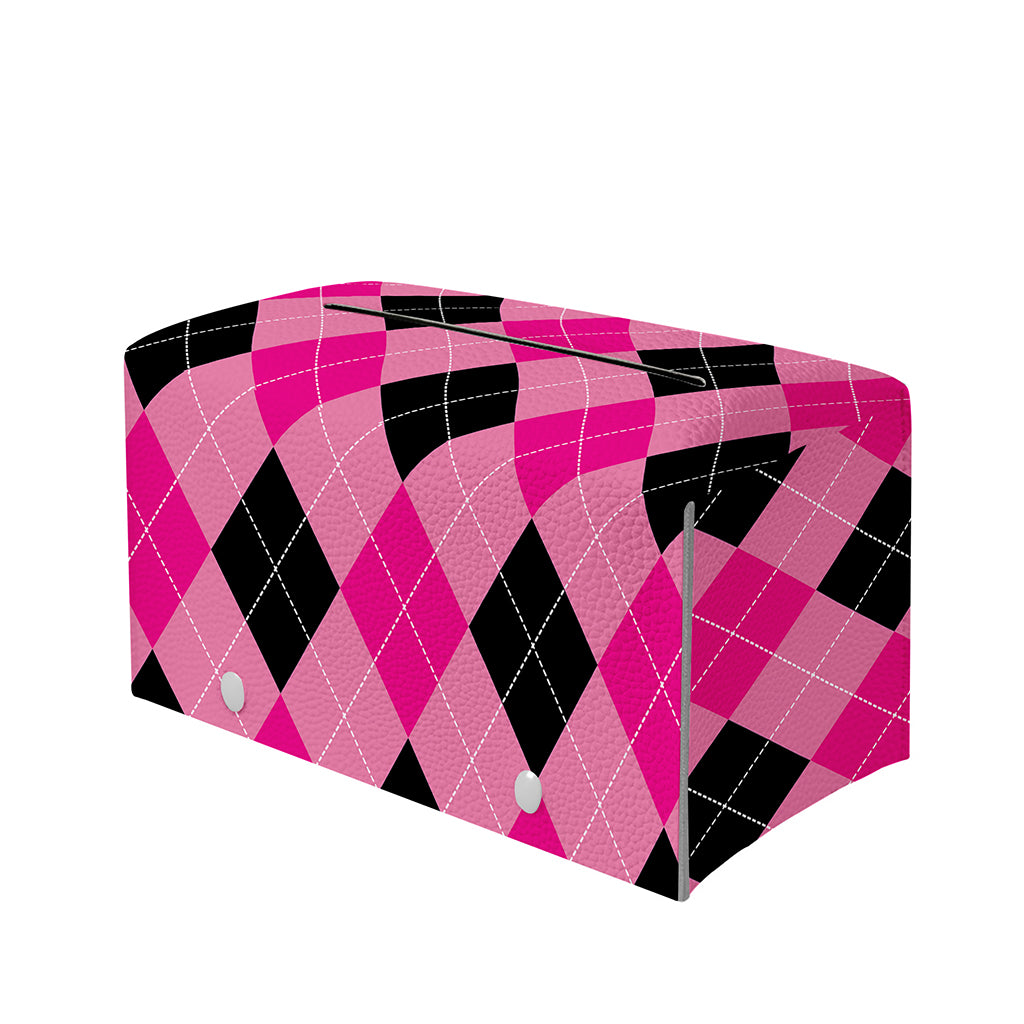 Pink And Black Argyle Pattern Print Leather Tissue Box Cover