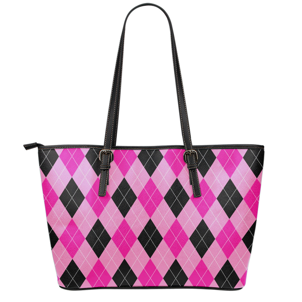 Pink And Black Argyle Pattern Print Leather Tote Bag