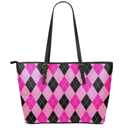 Pink And Black Argyle Pattern Print Leather Tote Bag
