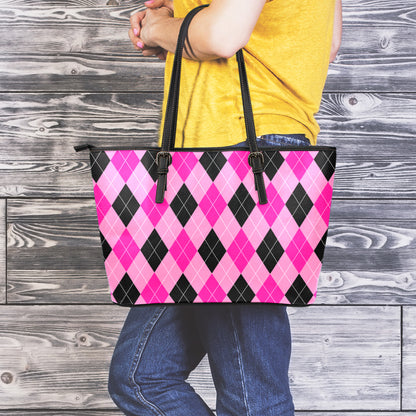Pink And Black Argyle Pattern Print Leather Tote Bag