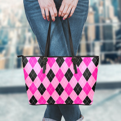 Pink And Black Argyle Pattern Print Leather Tote Bag