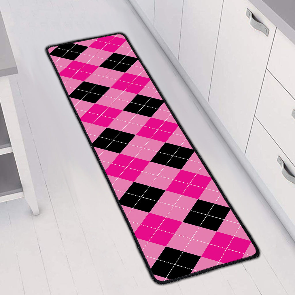 Pink And Black Argyle Pattern Print Long Kitchen Mat
