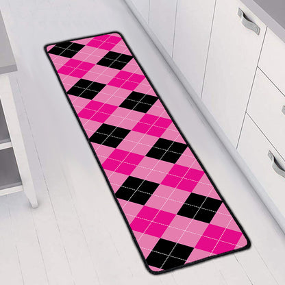 Pink And Black Argyle Pattern Print Long Kitchen Mat